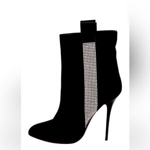 Black suede Giuseppe Zanotti semi pointed-toe mid-calf boots with rhinestones